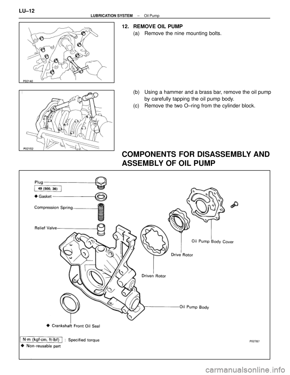 LEXUS SC400 1991 Service Repair Manual
12. REMOVE OIL PUMP(a) Remove the nine mounting bolts.
(b) Using a hammer and a brass bar, remove the oil pumpby carefully tapping the oil pump body.
(c) Remove the two O±ring from the cylinder LEXUS SC400 1991 Service Repair Manual
12. REMOVE OIL PUMP(a) Remove the nine mounting bolts.
(b) Using a hammer and a brass bar, remove the oil pumpby carefully tapping the oil pump body.
(c) Remove the two O±ring from the cylinder
