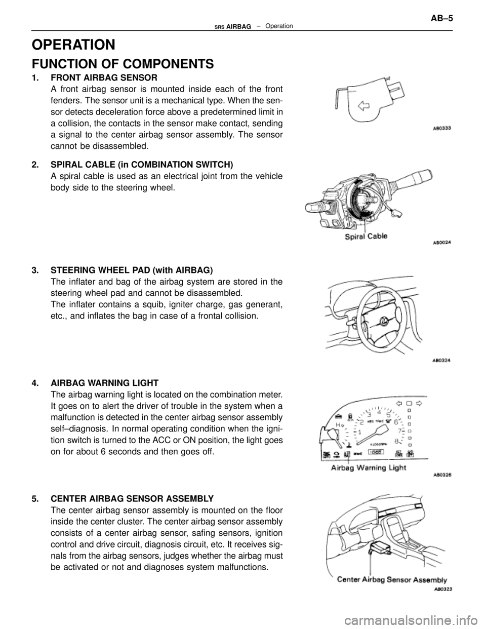 LEXUS SC400 1991  Service Repair Manual 
OPERATION
FUNCTION OF COMPONENTS
1.  FRONT AIRBAG SENSORA front airbag sensor is mounted inside each of the front
fenders.   The sensor unit is a mechanical type. When the sen-
sor detects decelerati
