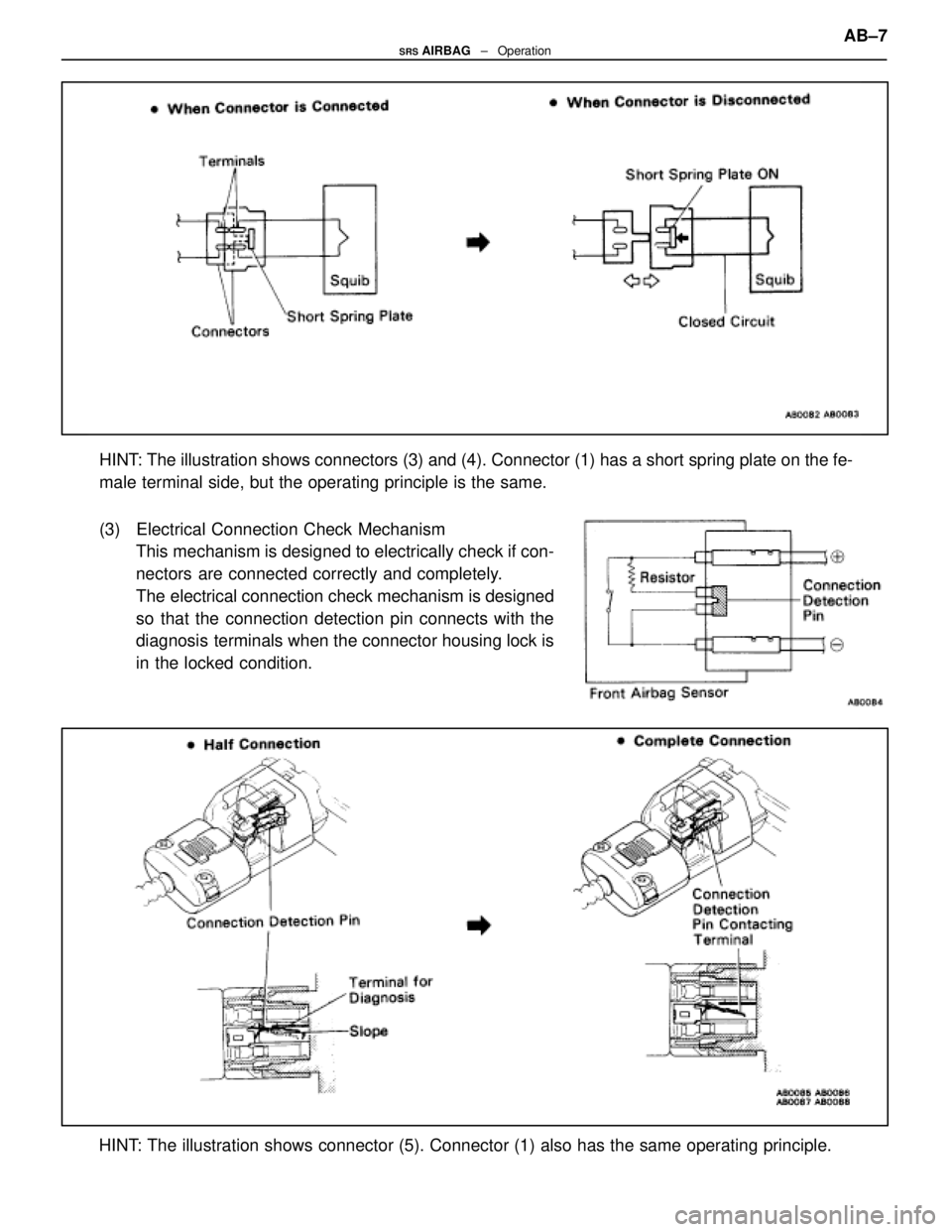 LEXUS SC400 1991 Service Repair Manual
HINT: The illustration shows connectors (3) and (4). Connector (1) has \
a short spring plate on the fe-
male terminal side, but the operating principle is the same.
(3) Electrical Connection Check M LEXUS SC400 1991 Service Repair Manual
HINT: The illustration shows connectors (3) and (4). Connector (1) has \
a short spring plate on the fe-
male terminal side, but the operating principle is the same.
(3) Electrical Connection Check M
