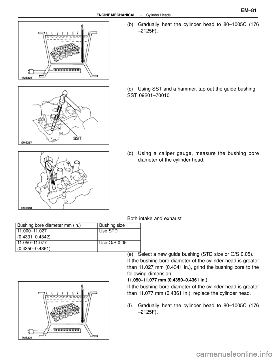 LEXUS SC400 1991  Service Repair Manual 
(b)  Gradually heat the cylinder head to 80±1005C (176±2125F).
(c)  Using SST and a hammer, tap out the guide bushing.
SST 09201±70010
(d)  Using a caliper g auge, measure the bushing bore
diamete