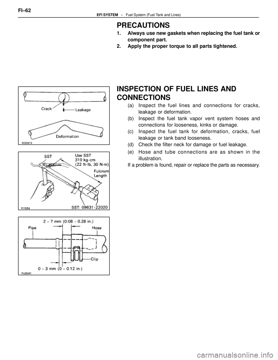 LEXUS SC400 1991  Service Repair Manual 
PRECAUTIONS
1.  Always use new gaskets when replacing the fuel tank orcomponent part.
2.  Apply the proper torque to all parts tightened.
INSPECTION OF FUEL LINES AND
CONNECTIONS
(a)  Inspect the fue