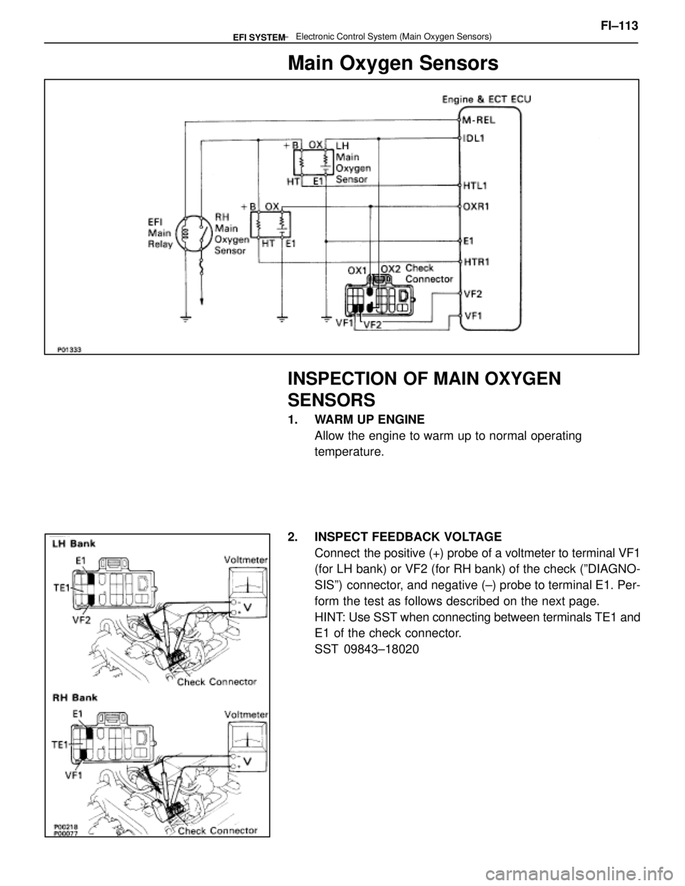 LEXUS SC400 1991  Service Manual PDF 
Main Oxygen Sensors
INSPECTION OF MAIN OXYGEN
SENSORS
1.  WARM UP ENGINEAllow the engine to warm up to normal operating
temperature.
2.  INSPECT FEEDBACK VOLTAGE Connect  the positive (+) probe of a 