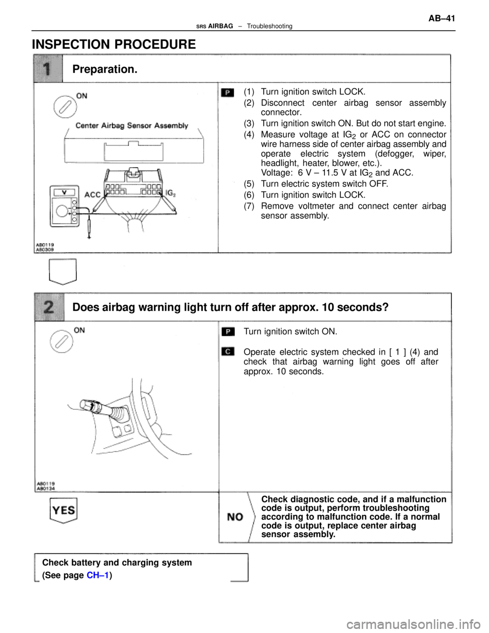LEXUS SC400 1991 Service Repair Manual
(1) Turn ignition switch LOCK.
(2) Disconnect center airbag sensor assemblyconnector.
(3) Turn ignition switch ON. But do not start engine.
(4) Measure voltage at IG
2 or ACC on connector
wire harne LEXUS SC400 1991 Service Repair Manual
(1) Turn ignition switch LOCK.
(2) Disconnect center airbag sensor assemblyconnector.
(3) Turn ignition switch ON. But do not start engine.
(4) Measure voltage at IG
2 or ACC on connector
wire harne