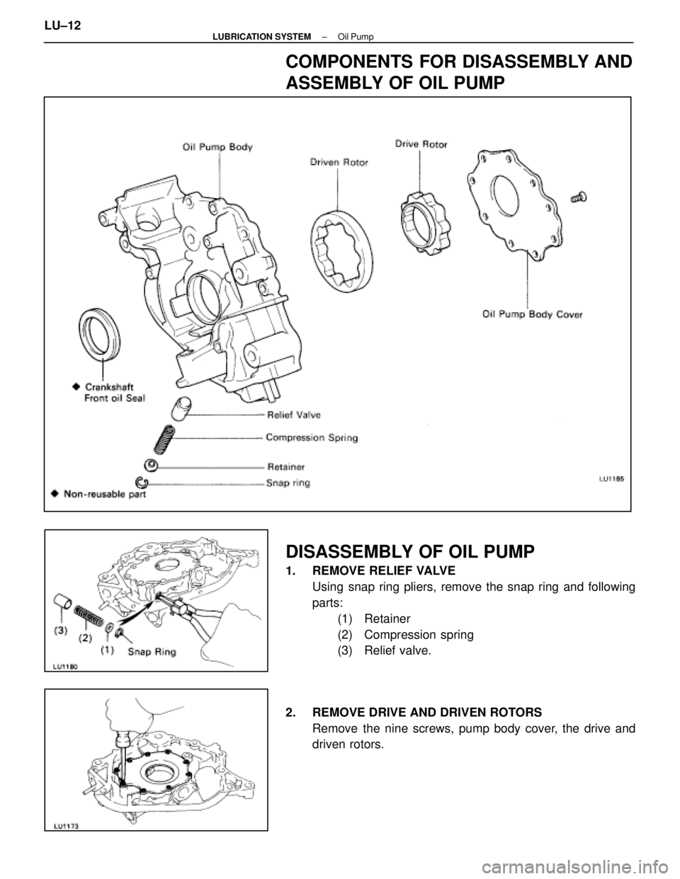 LEXUS SC400 1991 Service Repair Manual
COMPONENTS FOR DISASSEMBLY AND
ASSEMBLY OF OIL PUMP
DISASSEMBLY OF OIL PUMP
1. REMOVE RELIEF VALVEUsing snap ring pliers, remove the snap ring and following
parts:(1) Retainer
(2) Compression spring LEXUS SC400 1991 Service Repair Manual
COMPONENTS FOR DISASSEMBLY AND
ASSEMBLY OF OIL PUMP
DISASSEMBLY OF OIL PUMP
1. REMOVE RELIEF VALVEUsing snap ring pliers, remove the snap ring and following
parts:(1) Retainer
(2) Compression spring