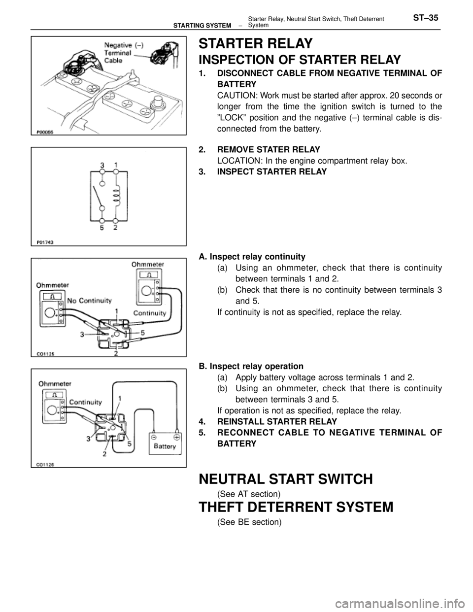 LEXUS SC400 1991  Service Repair Manual 
STARTER RELAY
INSPECTION OF STARTER RELAY
1.  DISCONNECT CABLE FROM NEGATIVE TERMINAL OFBATTERY
CAUTION: Work must be started after approx. 20 seconds or
longer from the time the ignition switch is t
