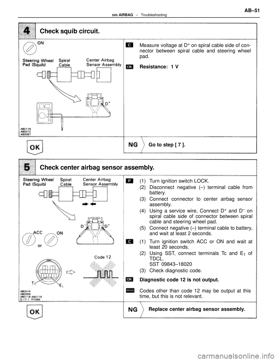 LEXUS SC400 1991 Service Repair Manual
(1) Turn ignition switch LOCK.
(2) Disconnect negative (±) terminal cable frombattery.
(3) Connect connector to center airbag sensor assembly.
(4) Using a service wire, Connect D
+ and D± on
spir LEXUS SC400 1991 Service Repair Manual
(1) Turn ignition switch LOCK.
(2) Disconnect negative (±) terminal cable frombattery.
(3) Connect connector to center airbag sensor assembly.
(4) Using a service wire, Connect D
+ and D± on
spir