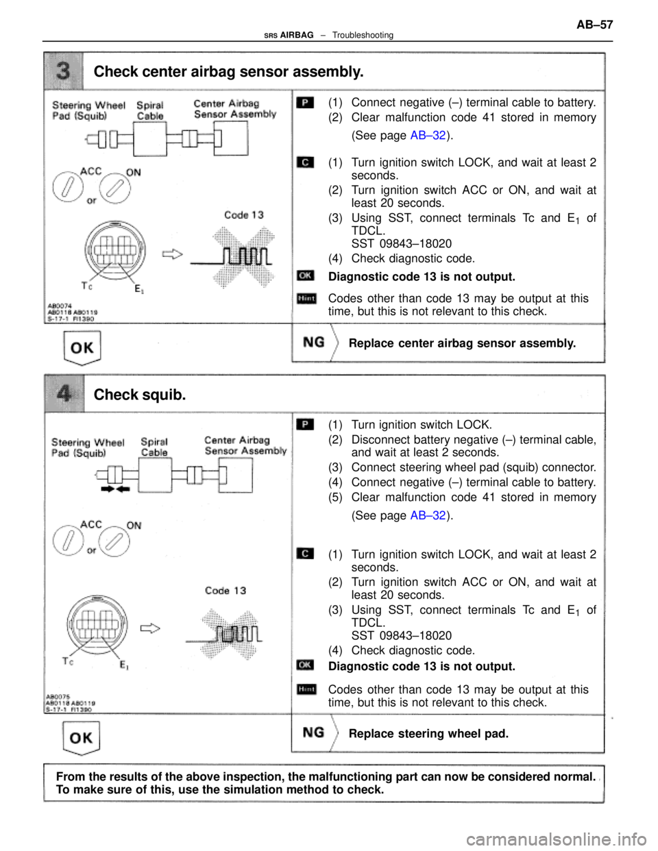 LEXUS SC400 1991 Service Repair Manual
(1) Connect negative (±) terminal cable to battery.
(2) Clear malfunction code 41 stored in memory(See page AB±32).
Check center airbag sensor assembly.
Replace center airbag sensor assembly.
(1) LEXUS SC400 1991 Service Repair Manual
(1) Connect negative (±) terminal cable to battery.
(2) Clear malfunction code 41 stored in memory(See page AB±32).
Check center airbag sensor assembly.
Replace center airbag sensor assembly.
(1)