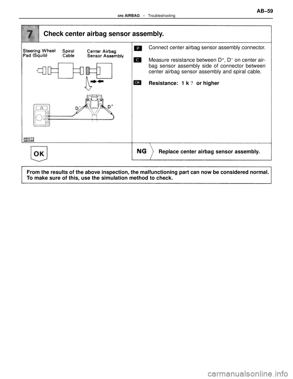 LEXUS SC400 1991 Service Repair Manual
Check center airbag sensor assembly.
Connect center airbag sensor assembly connector.
Measure resistance between D
+, D± on center air-
bag sensor assembly side of connector between
center airbag s LEXUS SC400 1991 Service Repair Manual
Check center airbag sensor assembly.
Connect center airbag sensor assembly connector.
Measure resistance between D
+, D± on center air-
bag sensor assembly side of connector between
center airbag s