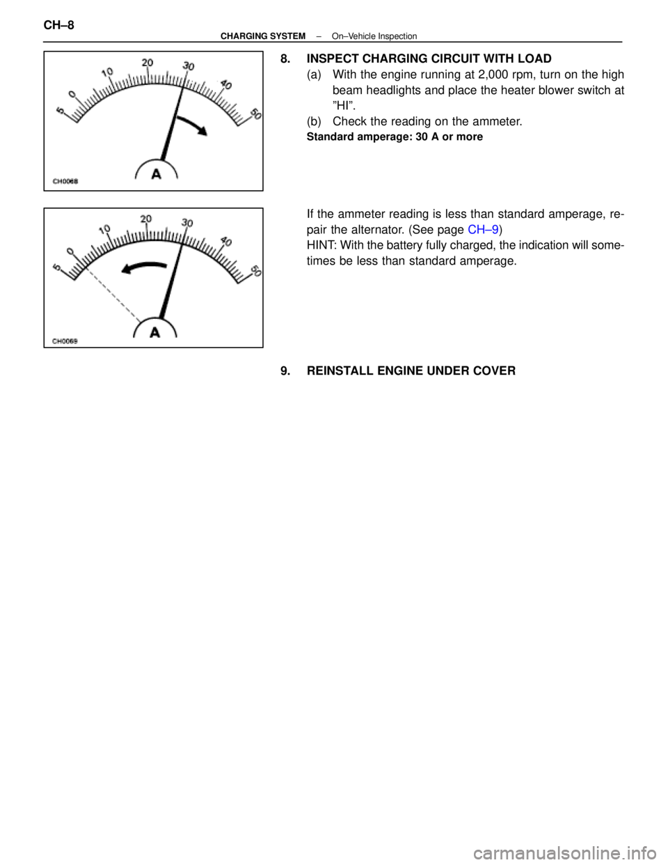 LEXUS SC400 1991  Service Repair Manual 
8.  INSPECT CHARGING CIRCUIT WITH LOAD(a)  With the engine running at 2,000 rpm, turn on the highbeam headlights and place the heater blower switch at
ºHIº.
(b)  Check the reading on the ammeter.
S