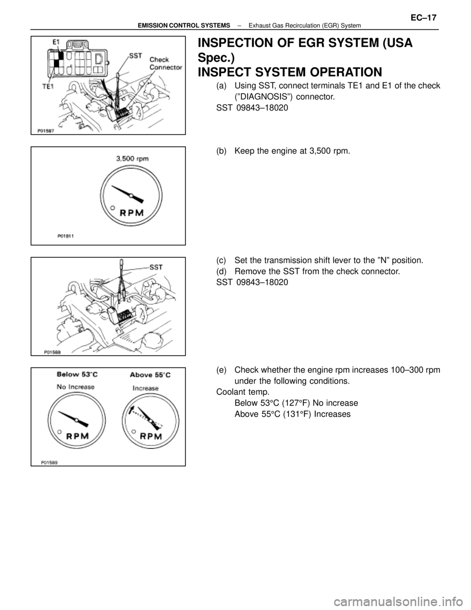 LEXUS SC400 1991  Service Repair Manual 
INSPECTION OF EGR SYSTEM (USA
Spec.)
INSPECT SYSTEM OPERATION
(a)  Using SST, connect terminals TE1 and E1 of the check(ºDIAGNOSISº) connector.
SST 09843±18020
(b)  Keep the engine at 3,500 rpm.
(