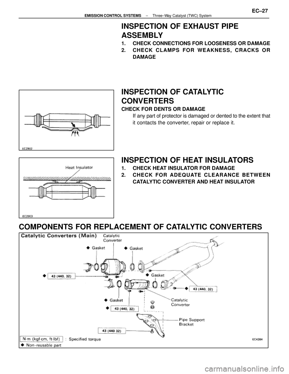LEXUS SC400 1991  Service Repair Manual 
INSPECTION OF EXHAUST PIPE
ASSEMBLY
1.  CHECK CONNECTIONS FOR LOOSENESS OR DAMAGE
2. CHECK CLAMPS FOR WEAKNESS, CRACKS OR
DAMAGE
INSPECTION OF CATALYTIC
CONVERTERS
CHECK FOR DENTS OR DAMAGE If any pa