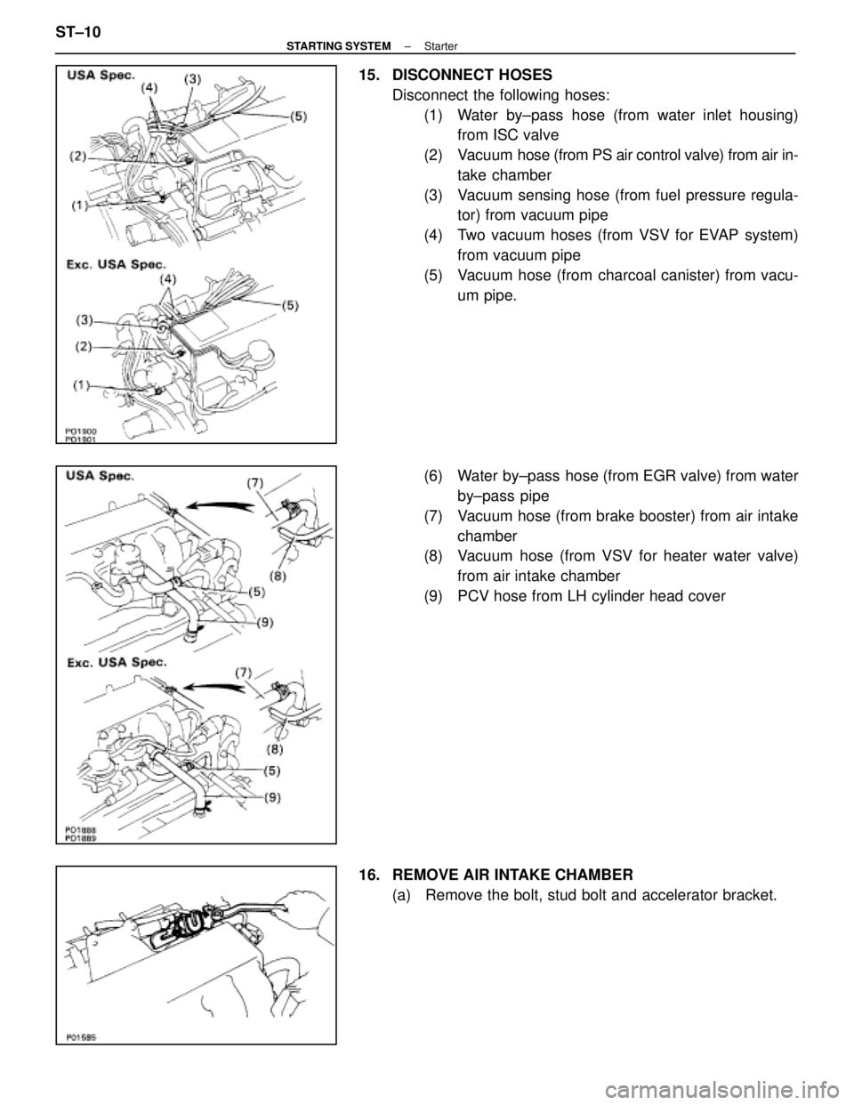 LEXUS SC400 1991  Service Repair Manual 
15. DISCONNECT HOSESDisconnect the following hoses:(1)  Water by±pass hose (from water inlet housing) from ISC valve
(2) Vacuum  hose (from PS air control valve) from air in-
take chamber
(3)  Vacuu