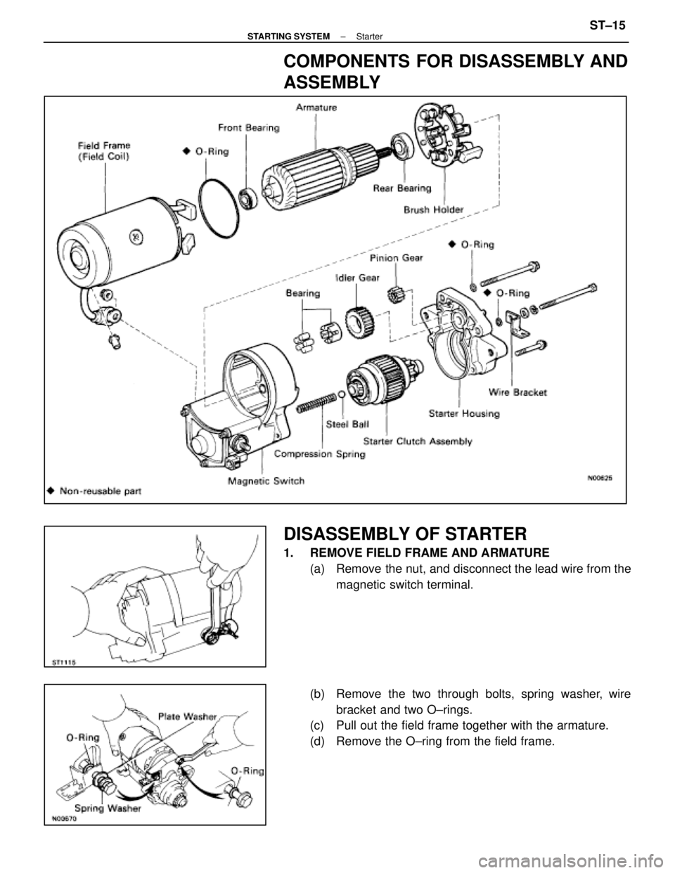 LEXUS SC400 1991 Service Repair Manual
COMPONENTS FOR DISASSEMBLY AND
ASSEMBLY
DISASSEMBLY OF STARTER
1. REMOVE FIELD FRAME AND ARMATURE(a) Remove the nut, and disconnect the lead wire from themagnetic switch terminal.
(b) Remove the t LEXUS SC400 1991 Service Repair Manual
COMPONENTS FOR DISASSEMBLY AND
ASSEMBLY
DISASSEMBLY OF STARTER
1. REMOVE FIELD FRAME AND ARMATURE(a) Remove the nut, and disconnect the lead wire from themagnetic switch terminal.
(b) Remove the t