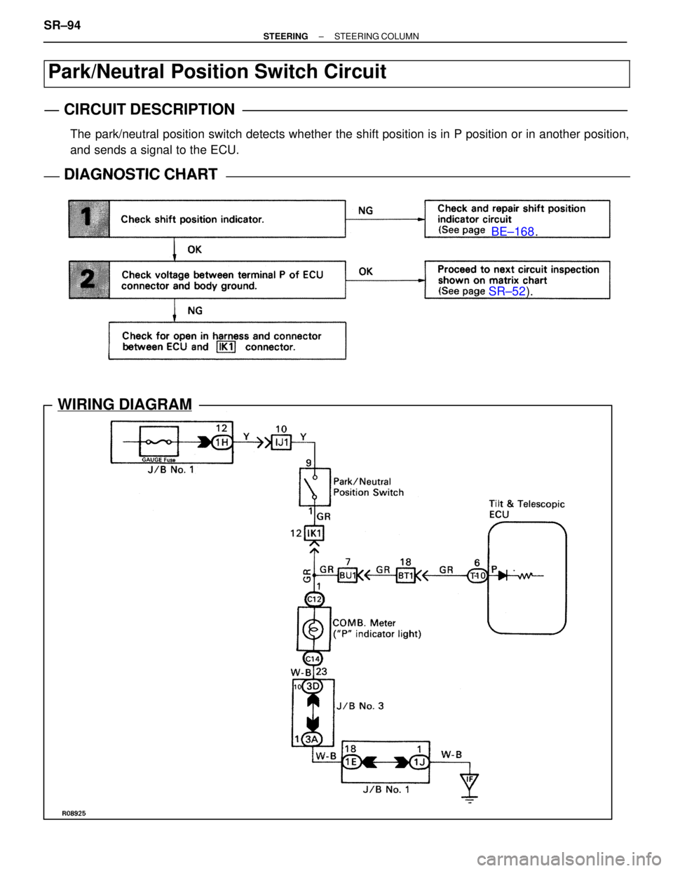 LEXUS SC400 1991  Service Repair Manual 
SR±52).
BE±168
.
WIRING DIAGRAM
Park/Neutral Position Switch Circuit
CIRCUIT DESCRIPTION
The park/neutral position switch detects whether the shift position is in P\
 position or in another positio