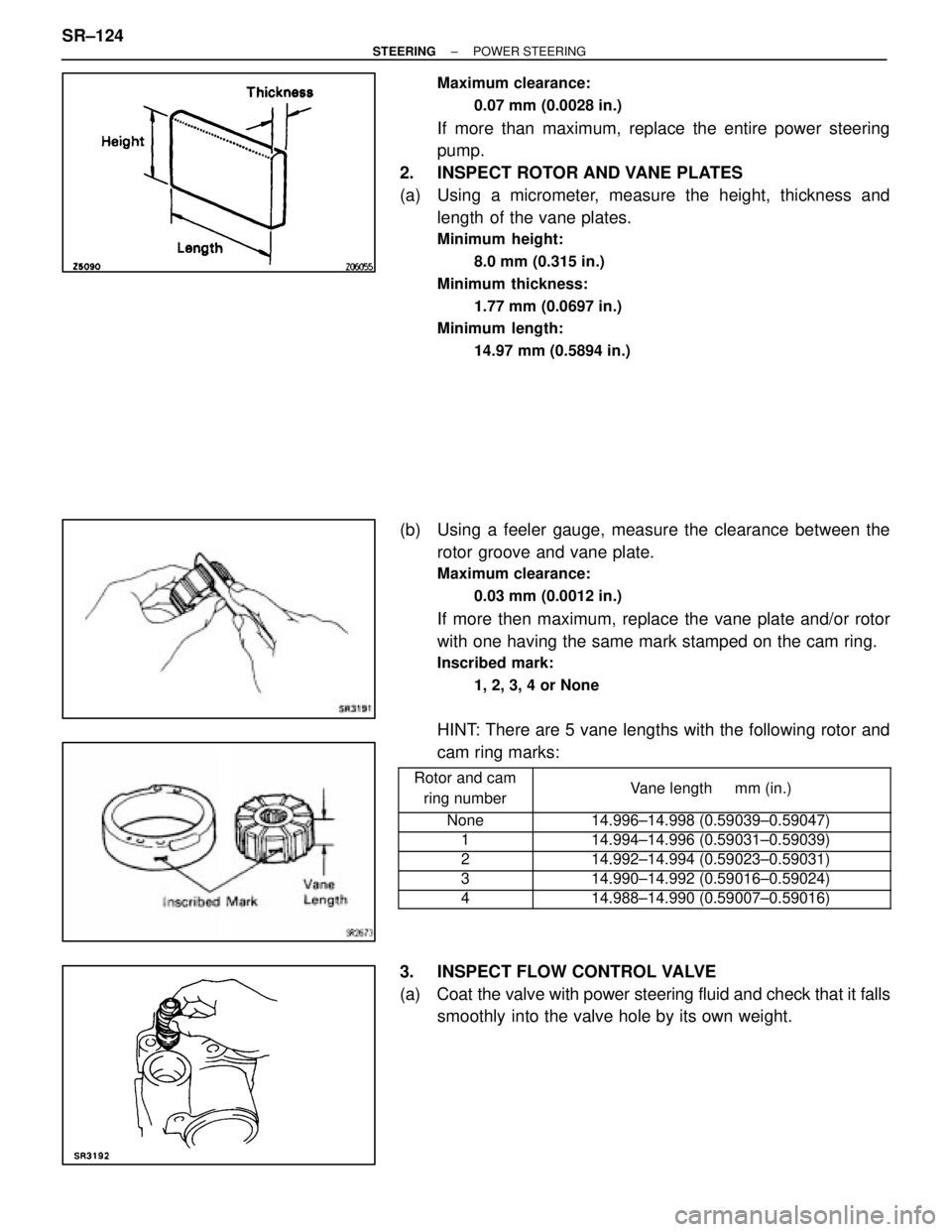 LEXUS SC400 1991 Service Repair Manual
Maximum clearance:0.07 mm (0.0028 in.)
If more than maximum, replace the entire power steering
pump.
2. INSPECT ROTOR AND VANE PLATES
(a) Using a micrometer, measure the height, thickness and lengt LEXUS SC400 1991 Service Repair Manual
Maximum clearance:0.07 mm (0.0028 in.)
If more than maximum, replace the entire power steering
pump.
2. INSPECT ROTOR AND VANE PLATES
(a) Using a micrometer, measure the height, thickness and lengt