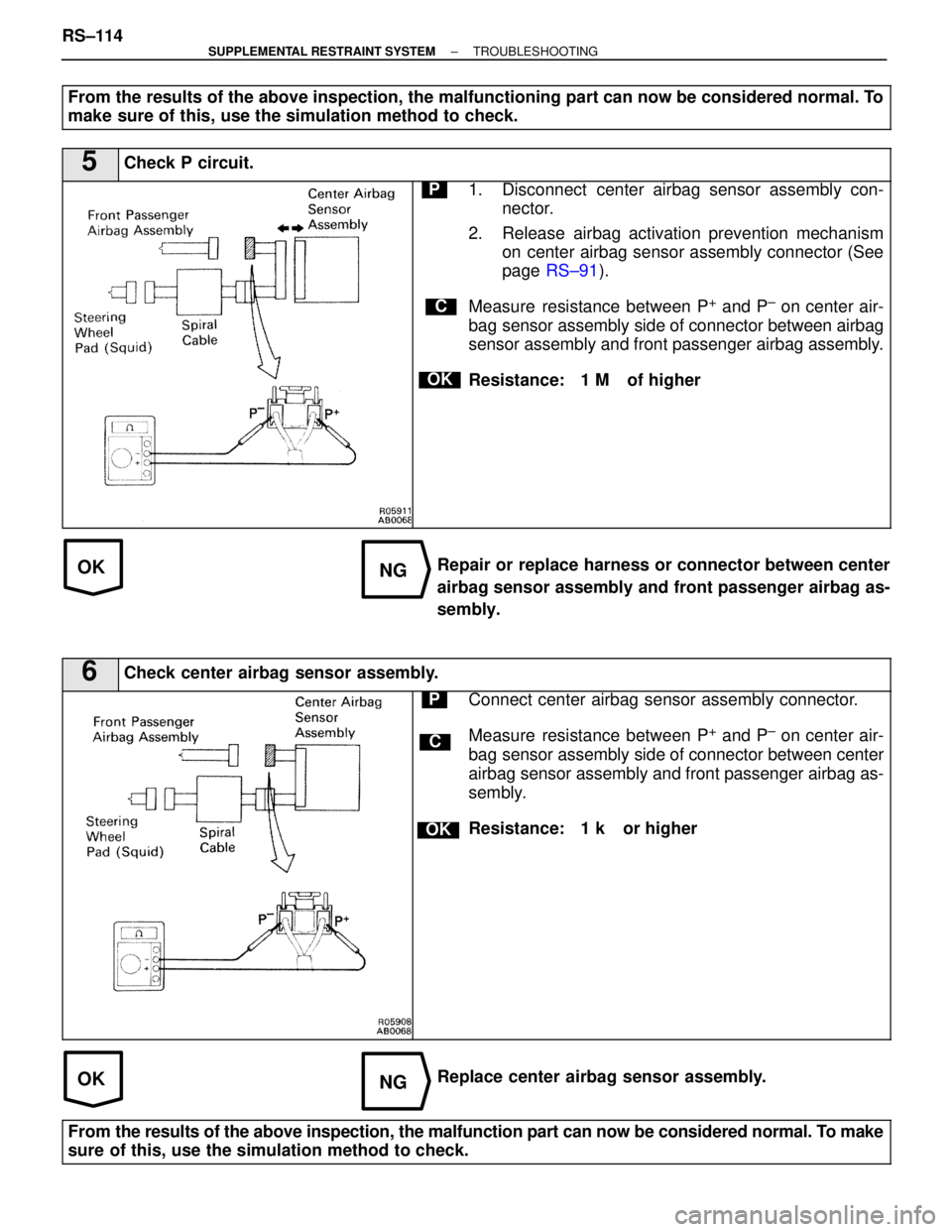 LEXUS SC400 1991  Service Repair Manual 
OKNG
OKNG
From the results of the above inspection, the malfunctioning part can now be\
 considered normal. To
make sure of this, use the simulation method to check.
5Check P circuit.
C
OK
P1. Discon
