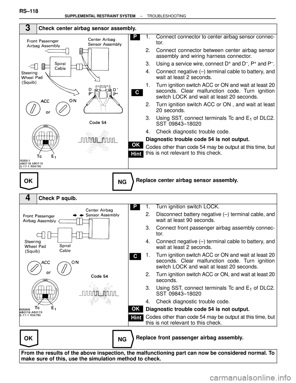 LEXUS SC400 1991  Service Repair Manual 
OKNG
OKNG
3Check center airbag sensor assembly.
C
OK
Hint
P1. Connect  connector to center airbag sensor connec-
tor.
2. Connect  connector between center airbag sensor assembly and wiring harness co
