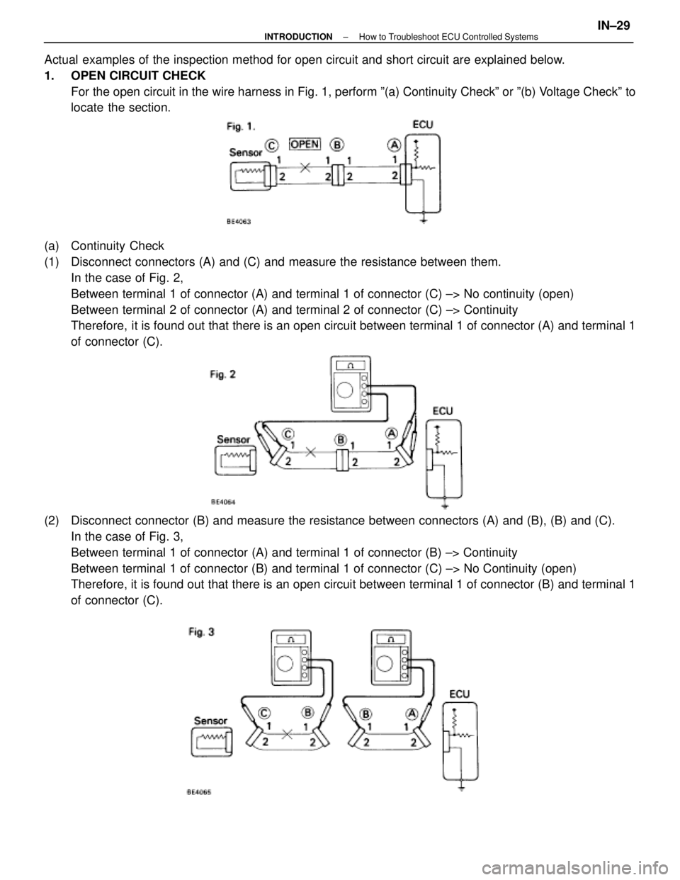 LEXUS SC400 1991  Service Owners Guide 
Actual examples of the inspection method for open circuit and short circuit ar\
e explained below.
1.  OPEN CIRCUIT CHECKFor the open circuit in the wire harness in Fig. 1, perform º(a) Conti\
nuity