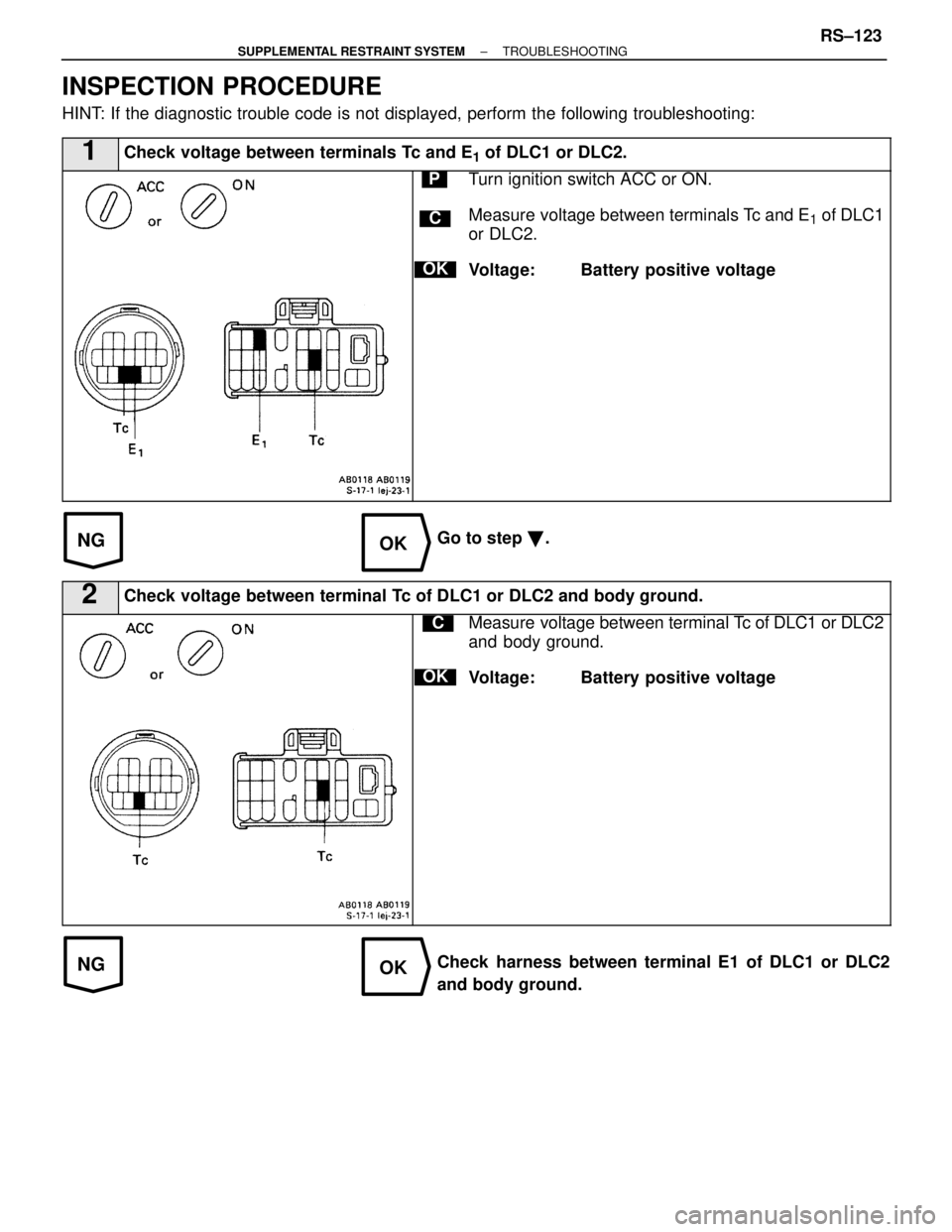LEXUS SC400 1991  Service Repair Manual 
NGOK
NGOK
INSPECTION PROCEDURE
HINT: If the diagnostic trouble code is not displayed, perform the following \
troubleshooting:
1Check voltage between terminals Tc and E1 of DLC1 or DLC2.
C
OK
PTurn i