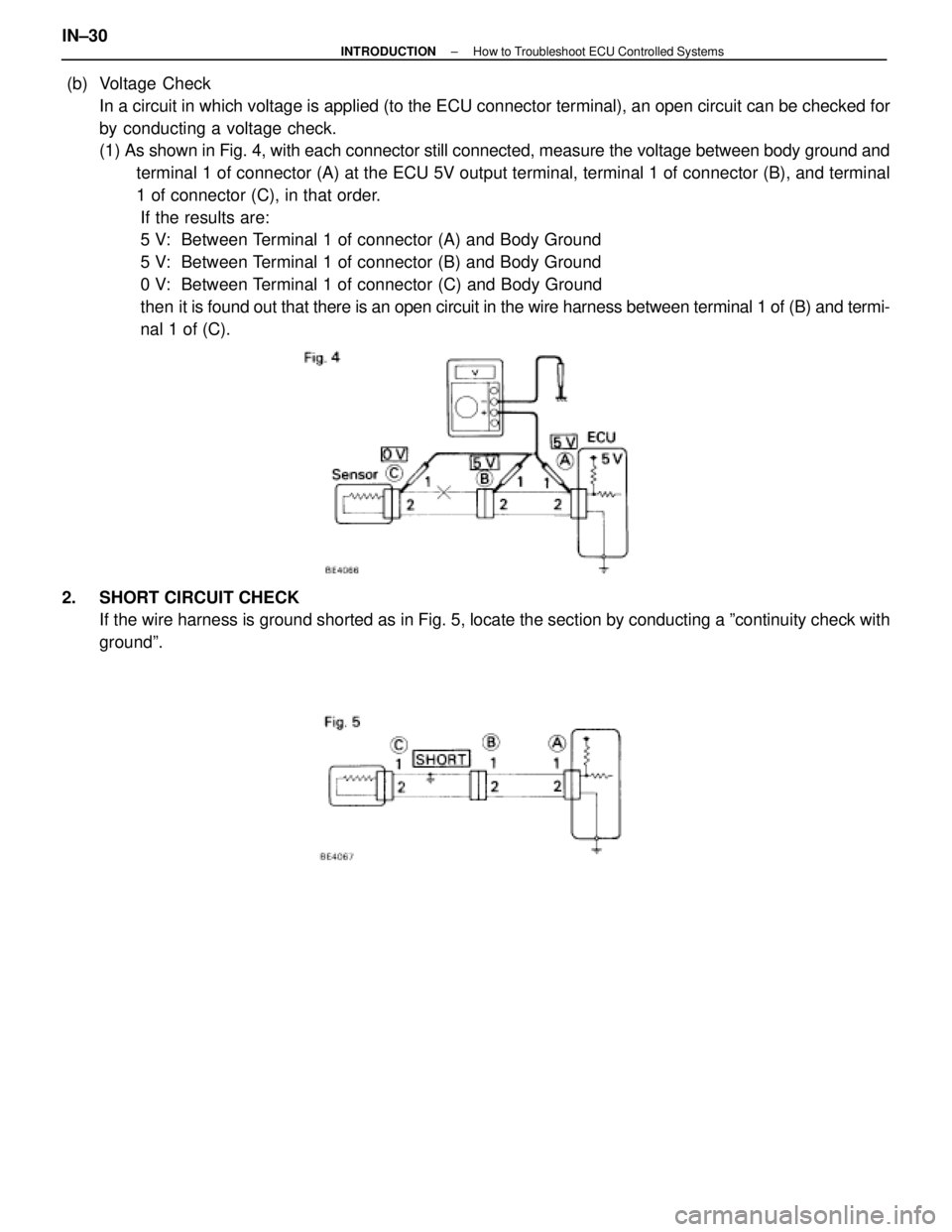 LEXUS SC400 1991  Service Owners Guide 
 (b)  Voltage  CheckIn a circuit in which voltage is applied (to the ECU connector terminal)\
, an open circuit can be checked for
by conducting a voltage check.
(1) As shown in Fig. 4, with each con
