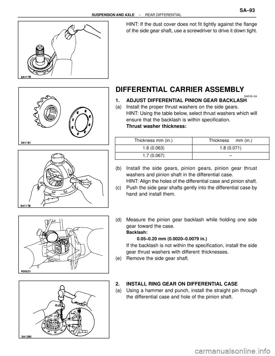 LEXUS SC400 1991 Service Repair Manual
HINT: If the dust cover does not fit tightly against the flange
of the side gear shaft, use a screwdriver to drive it down tight.
DIFFERENTIAL CARRIER ASSEMBLY
SA0V6±04
1. ADJUST DIFFERENTIAL PINIO LEXUS SC400 1991 Service Repair Manual
HINT: If the dust cover does not fit tightly against the flange
of the side gear shaft, use a screwdriver to drive it down tight.
DIFFERENTIAL CARRIER ASSEMBLY
SA0V6±04
1. ADJUST DIFFERENTIAL PINIO