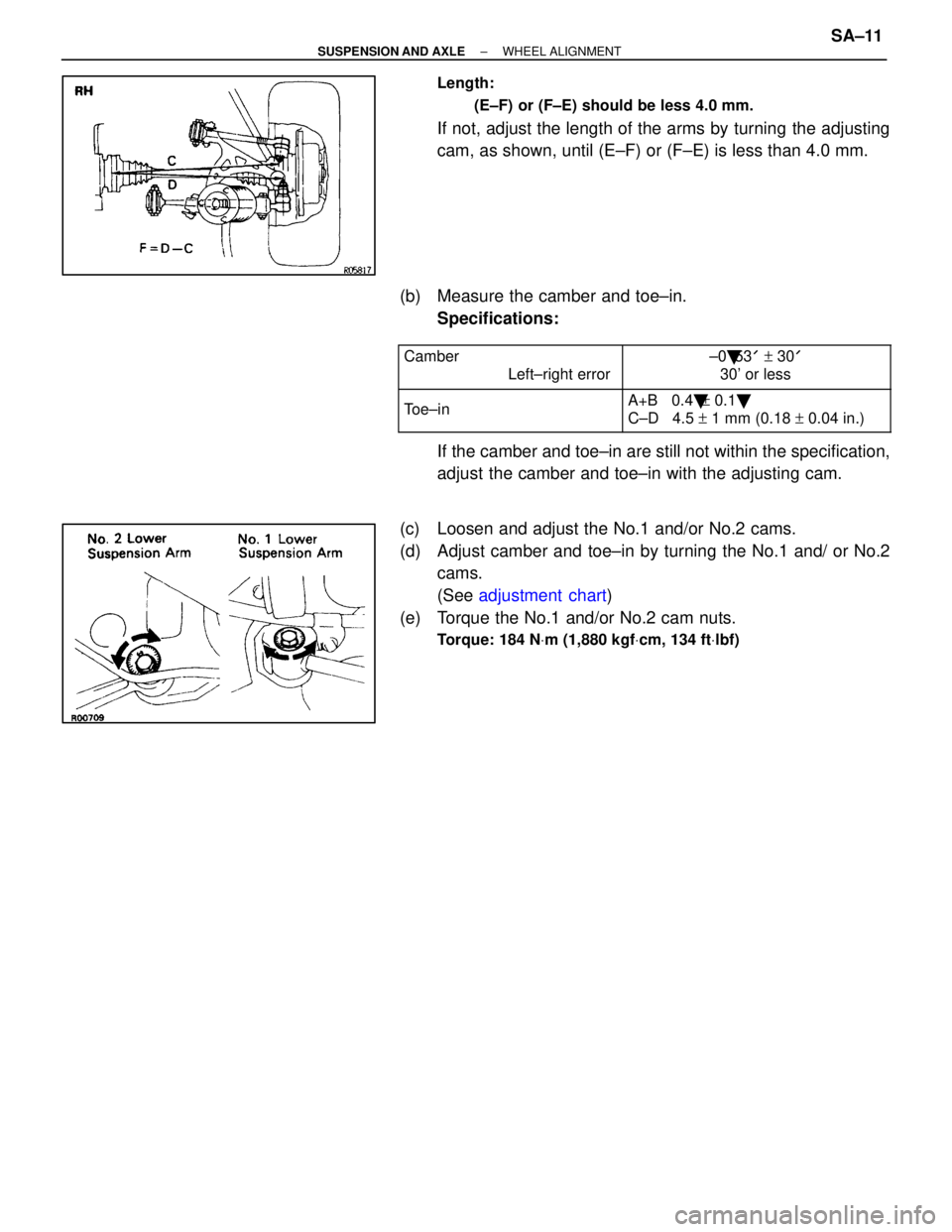 LEXUS SC400 1991  Service Repair Manual 
Length:(E±F) or (F±E) should be less 4.0 mm.
If not, adjust the length of the arms by turning the adjusting
cam, as shown, until (E±F) or (F±E) is less than 4.0 mm.
(b)  Measure the camber and to