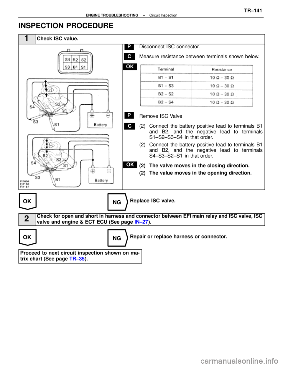 LEXUS SC400 1991 Service Repair Manual
OKNG
OKNG
INSPECTION PROCEDURE
1Check ISC value.
C
OK
P
P
OK
C
Disconnect ISC connector.
Measure resistance between terminals shown below.
Remove ISC Valve
(2) Connect the battery positive lead to t LEXUS SC400 1991 Service Repair Manual
OKNG
OKNG
INSPECTION PROCEDURE
1Check ISC value.
C
OK
P
P
OK
C
Disconnect ISC connector.
Measure resistance between terminals shown below.
Remove ISC Valve
(2) Connect the battery positive lead to t