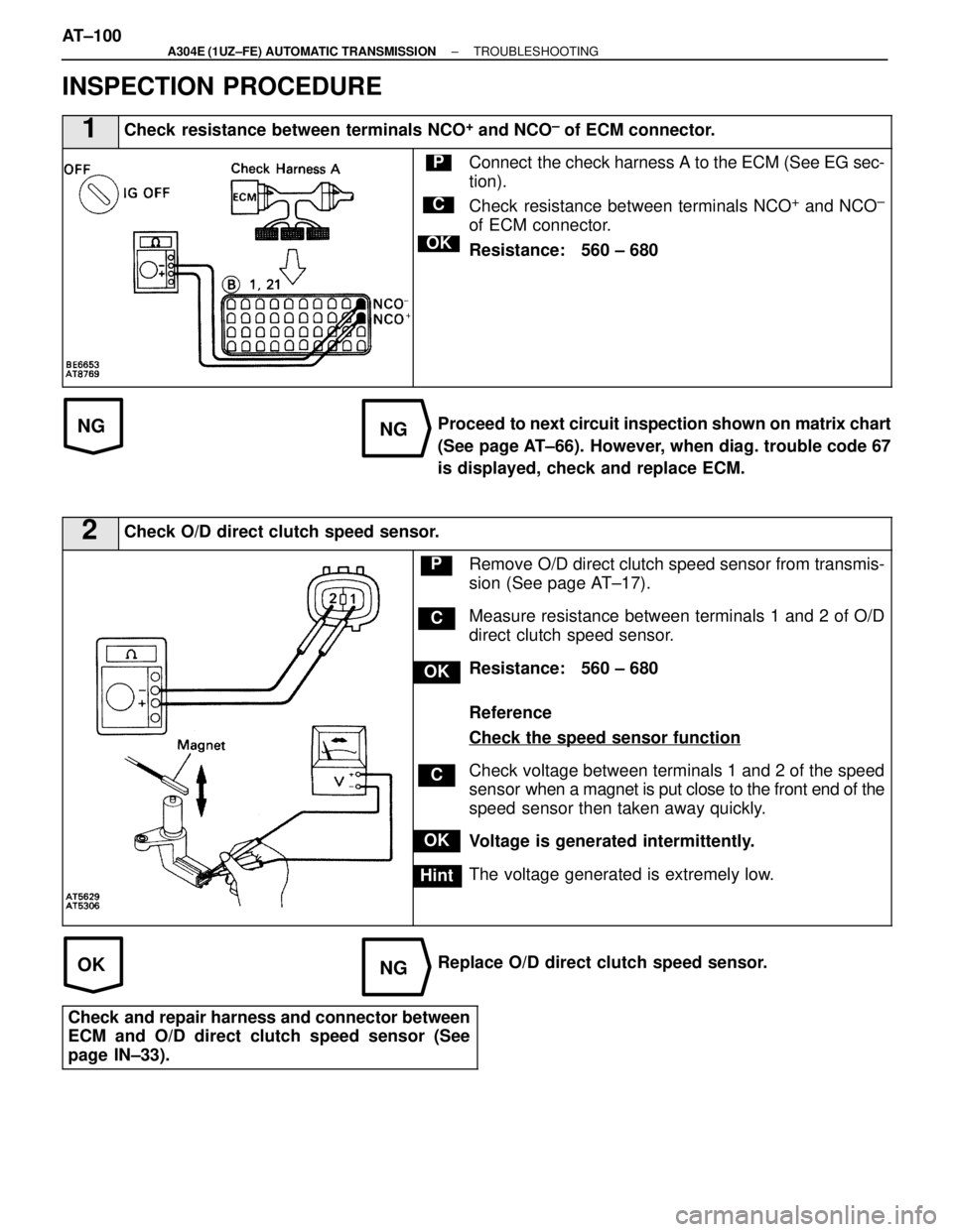 LEXUS SC400 1991 Service Repair Manual
NGNG
OKNG
INSPECTION PROCEDURE
1Check resistance between terminals NCO+ and NCO± of ECM connector.
C
OK
PConnect the check harness A to the ECM (See EG sec-
tion).
Check resistance between terminal LEXUS SC400 1991 Service Repair Manual
NGNG
OKNG
INSPECTION PROCEDURE
1Check resistance between terminals NCO+ and NCO± of ECM connector.
C
OK
PConnect the check harness A to the ECM (See EG sec-
tion).
Check resistance between terminal