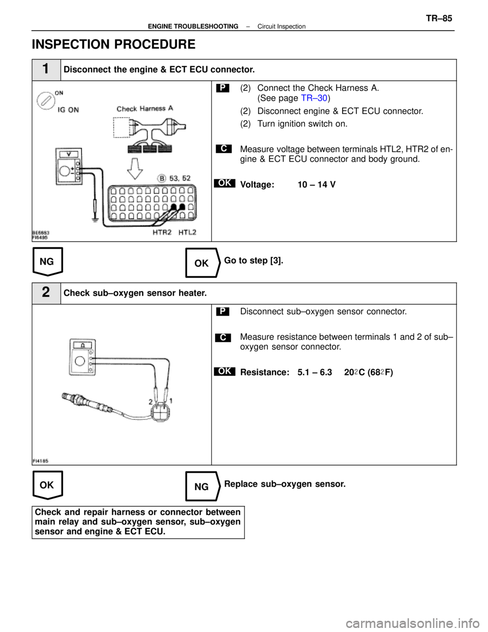 LEXUS SC400 1991  Service Repair Manual 
NGOK
OKNG
INSPECTION PROCEDURE
1Disconnect the engine & ECT ECU connector.
C
OK
P(2) Connect the Check Harness A.(See page  TR±30)
(2) Disconnect engine & ECT ECU connector.
(2) Turn ignition switch