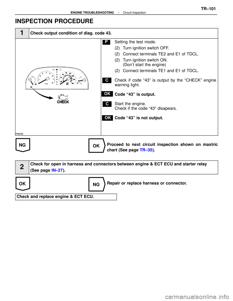 LEXUS SC400 1991 Service Repair Manual
NGOK
OKNG
v
INSPECTION PROCEDURE
1Check output condition of diag. code 43.
C
OK
P
OK
C
Setting the test mode.
(2) Turn ignition switch OFF.
(2) Connect terminals TE2 and E1 of TDCL.
(2) Turn ignition LEXUS SC400 1991 Service Repair Manual
NGOK
OKNG
v
INSPECTION PROCEDURE
1Check output condition of diag. code 43.
C
OK
P
OK
C
Setting the test mode.
(2) Turn ignition switch OFF.
(2) Connect terminals TE2 and E1 of TDCL.
(2) Turn ignition