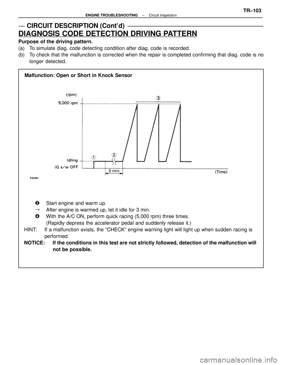 LEXUS SC400 1991 Service Repair Manual
CIRCUIT DESCRIPTION (Contd)
DIAGNOSIS CODE DETECTION DRIVING PATTERN
Purpose of the driving pattern.
(a) To simulate diag. code detecting condition after diag. code is recorded.
(b) To check that LEXUS SC400 1991 Service Repair Manual
CIRCUIT DESCRIPTION (Contd)
DIAGNOSIS CODE DETECTION DRIVING PATTERN
Purpose of the driving pattern.
(a) To simulate diag. code detecting condition after diag. code is recorded.
(b) To check that