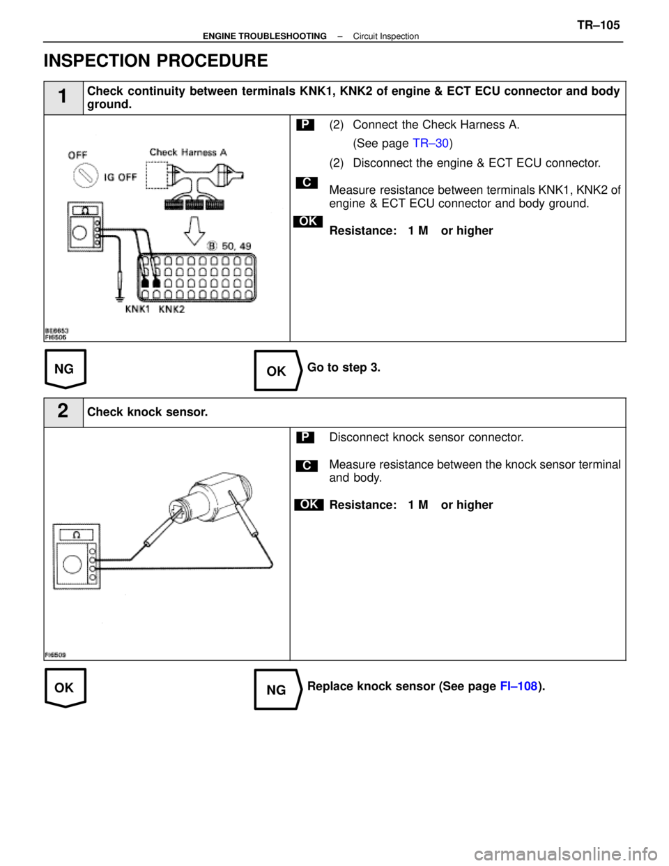 LEXUS SC400 1991 Service Repair Manual
NGOK
OKNG
INSPECTION PROCEDURE
1Check continuity between terminals KNK1, KNK2 of engine & ECT ECU connector and body
ground.
C
OK
P(2) Connect the Check Harness A.(See page TR±30)
(2) Disconnect t LEXUS SC400 1991 Service Repair Manual
NGOK
OKNG
INSPECTION PROCEDURE
1Check continuity between terminals KNK1, KNK2 of engine & ECT ECU connector and body
ground.
C
OK
P(2) Connect the Check Harness A.(See page TR±30)
(2) Disconnect t