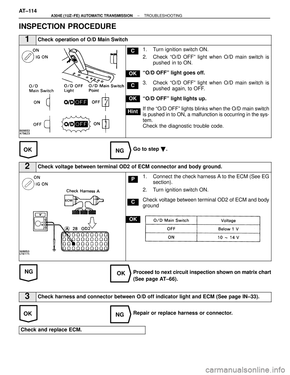 LEXUS SC400 1991 Service Repair Manual
OKNG
OKNG
OKNG
INSPECTION PROCEDURE
1Check operation of O/D Main Switch
C
OK
Hint
C
OK
1. Turn ignition switch ON.
2. Check ªO/D OFFº light when O/D main switch ispushed in to ON.
ªO/D OFFº ligh LEXUS SC400 1991 Service Repair Manual
OKNG
OKNG
OKNG
INSPECTION PROCEDURE
1Check operation of O/D Main Switch
C
OK
Hint
C
OK
1. Turn ignition switch ON.
2. Check ªO/D OFFº light when O/D main switch ispushed in to ON.
ªO/D OFFº ligh
