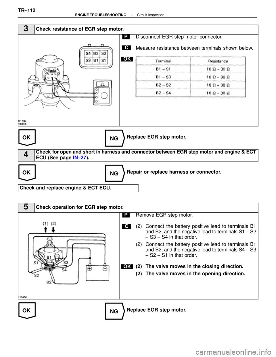 LEXUS SC400 1991 Service Repair Manual
OKNG
OKNG
OKNG
3Check resistance of EGR step motor.
C
OK
PDisconnect EGR step motor connector.
Measure resistance between terminals shown below.
Replace EGR step motor.
4Check for open and short in h LEXUS SC400 1991 Service Repair Manual
OKNG
OKNG
OKNG
3Check resistance of EGR step motor.
C
OK
PDisconnect EGR step motor connector.
Measure resistance between terminals shown below.
Replace EGR step motor.
4Check for open and short in h