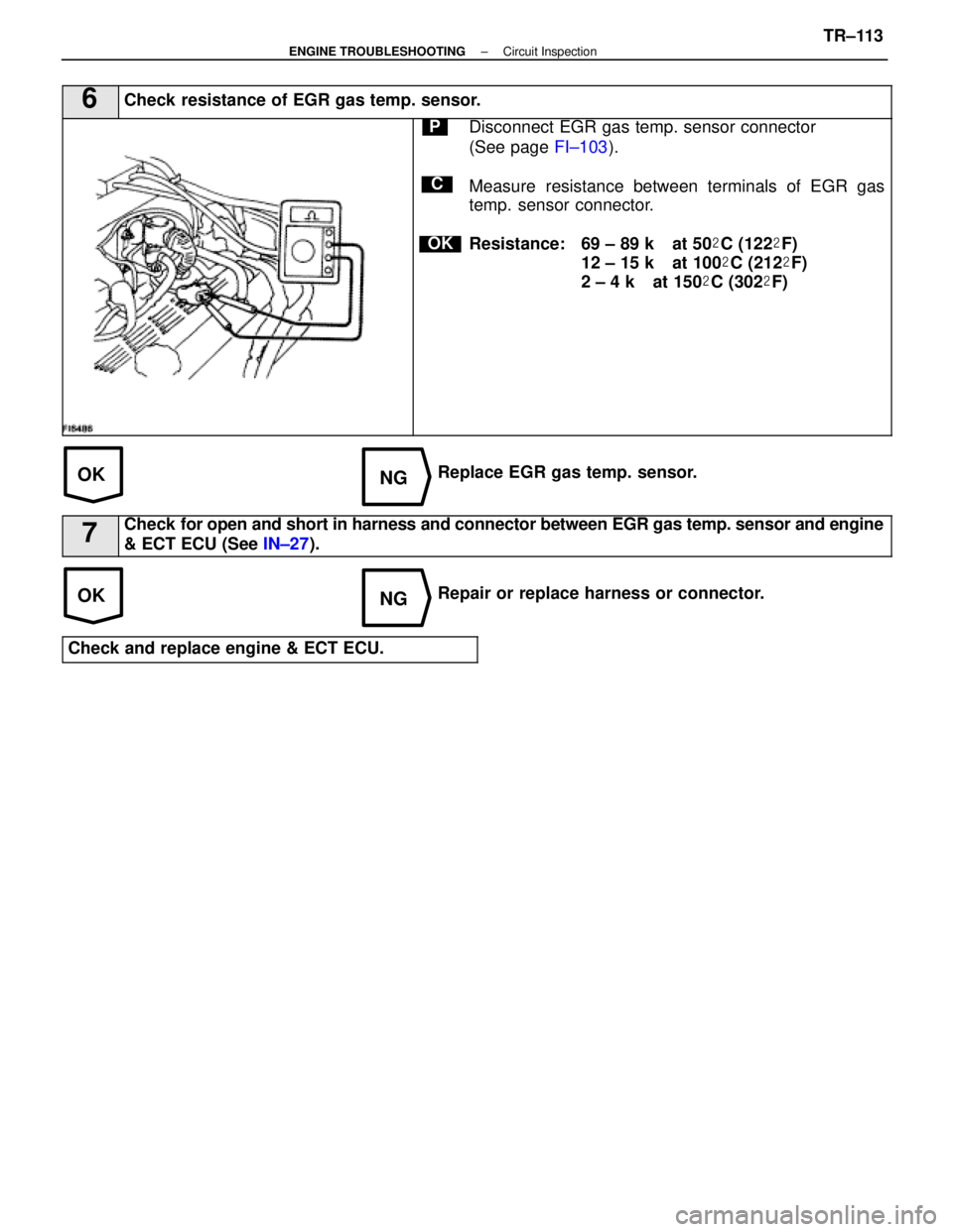 LEXUS SC400 1991 Service Repair Manual
OKNG
OKNG
6Check resistance of EGR gas temp. sensor.
C
OK
PDisconnect EGR gas temp. sensor connector
(See page FI±103).
Measure resistance between terminals of EGR gas
temp. sensor connector.
Resist LEXUS SC400 1991 Service Repair Manual
OKNG
OKNG
6Check resistance of EGR gas temp. sensor.
C
OK
PDisconnect EGR gas temp. sensor connector
(See page FI±103).
Measure resistance between terminals of EGR gas
temp. sensor connector.
Resist