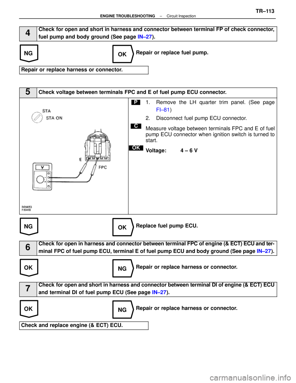 LEXUS SC400 1991 Service Repair Manual
NGOK
NGOK
OKNG
OKNG
4Check for open and short in harness and connector between terminal FP of chec\
k connector,
fuel pump and body ground (See page IN±27).
Repair or replace fuel pump.
Repair or re LEXUS SC400 1991 Service Repair Manual
NGOK
NGOK
OKNG
OKNG
4Check for open and short in harness and connector between terminal FP of chec\
k connector,
fuel pump and body ground (See page IN±27).
Repair or replace fuel pump.
Repair or re