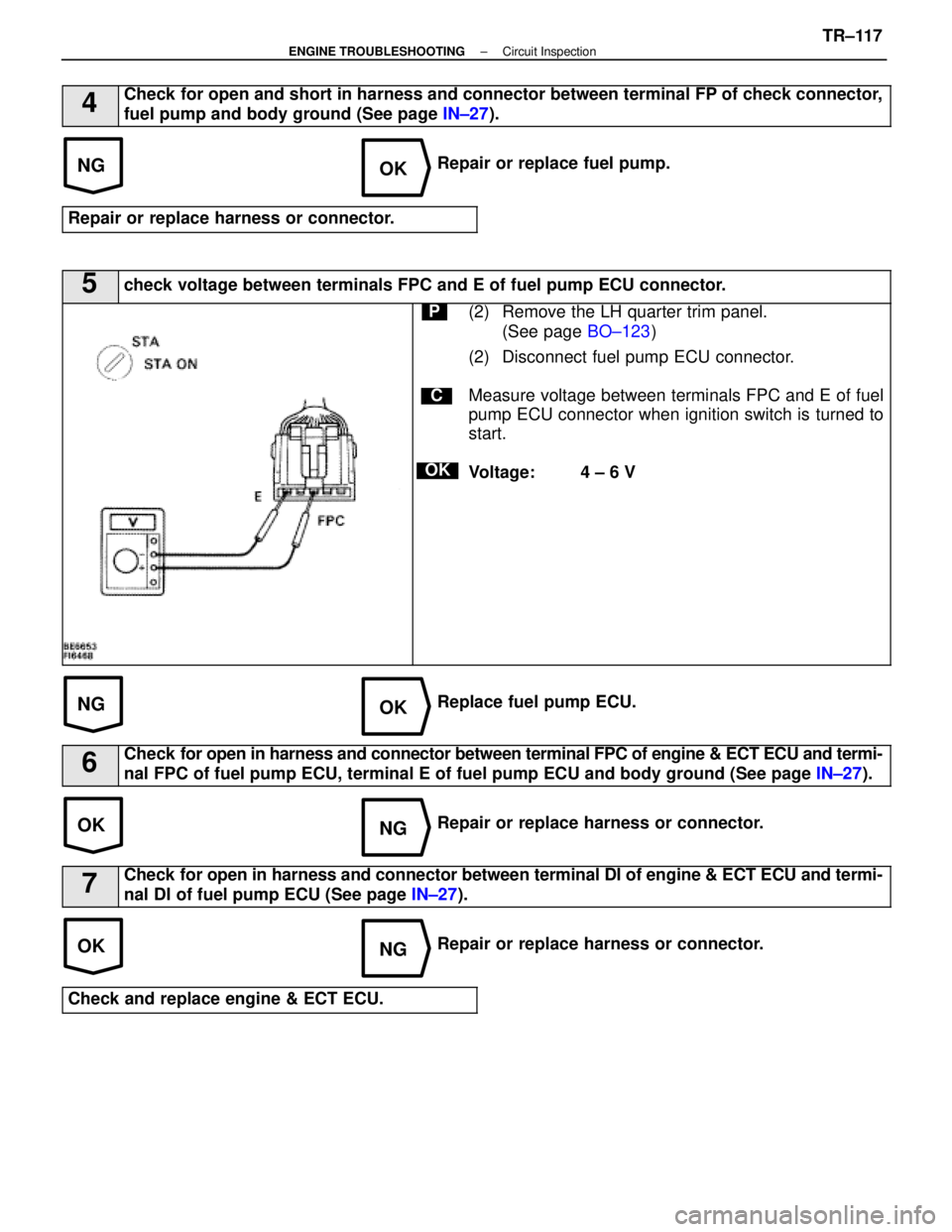 LEXUS SC400 1991 Service Repair Manual
NGOK
NGOK
OKNG
OKNG
4Check for open and short in harness and connector between terminal FP of chec\
k connector,
fuel pump and body ground (See page IN±27).
Repair or replace fuel pump.
Repair or re LEXUS SC400 1991 Service Repair Manual
NGOK
NGOK
OKNG
OKNG
4Check for open and short in harness and connector between terminal FP of chec\
k connector,
fuel pump and body ground (See page IN±27).
Repair or replace fuel pump.
Repair or re