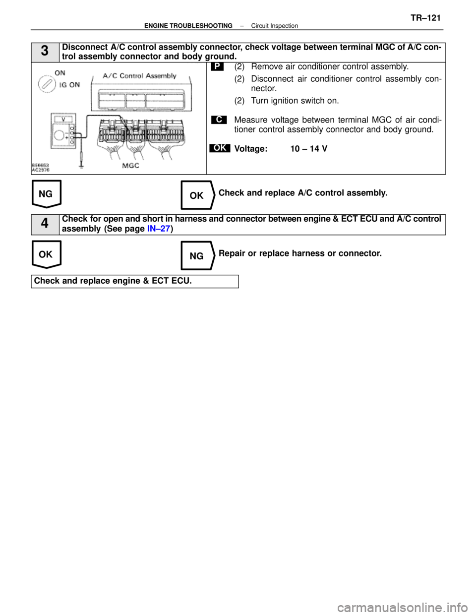 LEXUS SC400 1991 Service Repair Manual
NGOK
OKNG
3Disconnect A/C control assembly connector, check voltage between terminal MGC of A/C con-
trol assembly connector and body ground.
C
OK
P(2) Remove air conditioner control assembly.
(2) Di LEXUS SC400 1991 Service Repair Manual
NGOK
OKNG
3Disconnect A/C control assembly connector, check voltage between terminal MGC of A/C con-
trol assembly connector and body ground.
C
OK
P(2) Remove air conditioner control assembly.
(2) Di