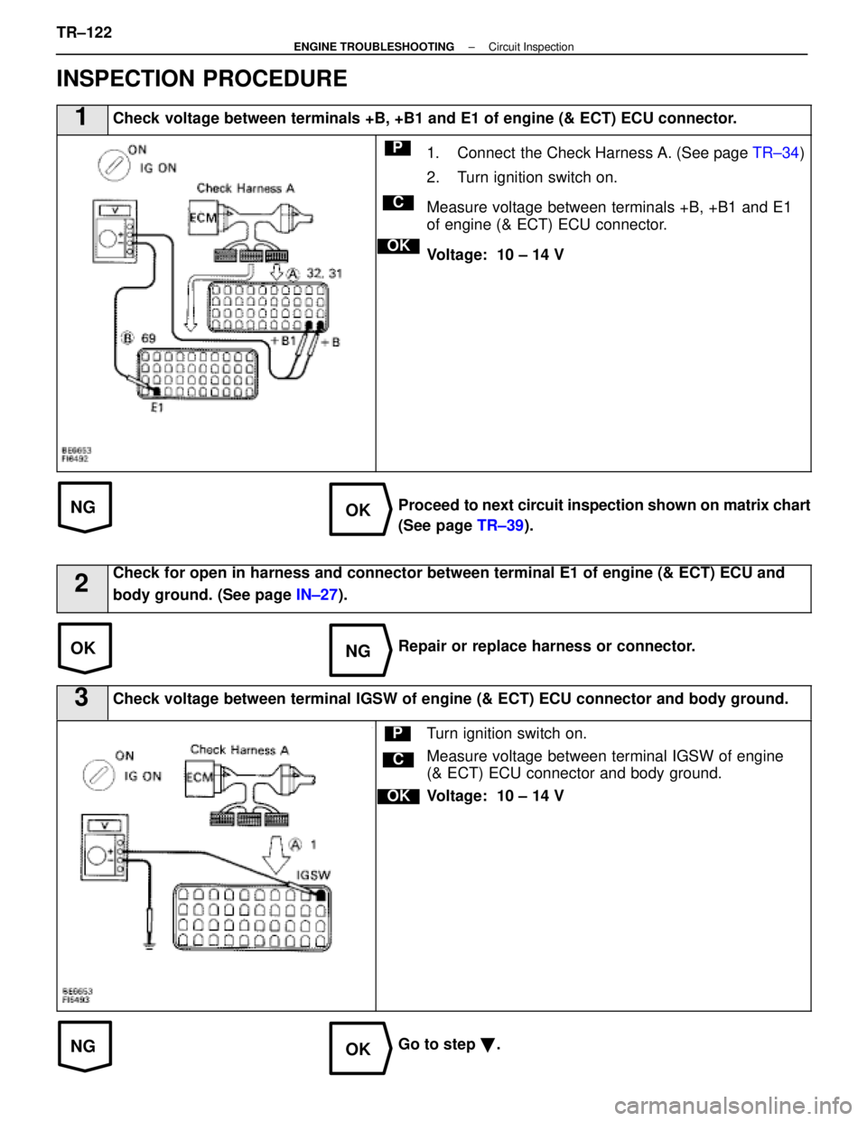 LEXUS SC400 1991 Service Repair Manual
NGOK
OKNG
NGOK
INSPECTION PROCEDURE
1Check voltage between terminals +B, +B1 and E1 of engine (& ECT) ECU connec\
tor.
C
OK
P1. Connect the Check Harness A. (See page TR±34)
2. Turn ignition switch LEXUS SC400 1991 Service Repair Manual
NGOK
OKNG
NGOK
INSPECTION PROCEDURE
1Check voltage between terminals +B, +B1 and E1 of engine (& ECT) ECU connec\
tor.
C
OK
P1. Connect the Check Harness A. (See page TR±34)
2. Turn ignition switch