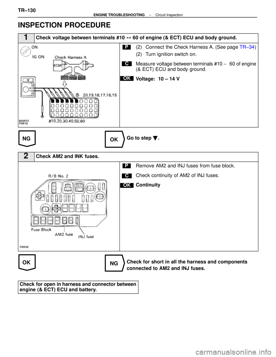 LEXUS SC400 1991  Service Repair Manual 
NGOK
OKNG
INSPECTION PROCEDURE
1Check voltage between terminals #10  60 of engine (& ECT) ECU and body ground.
C
OK
P(2) Connect  the Check Harness A. (See page  TR±34)
(2) Turn ignition switch on.