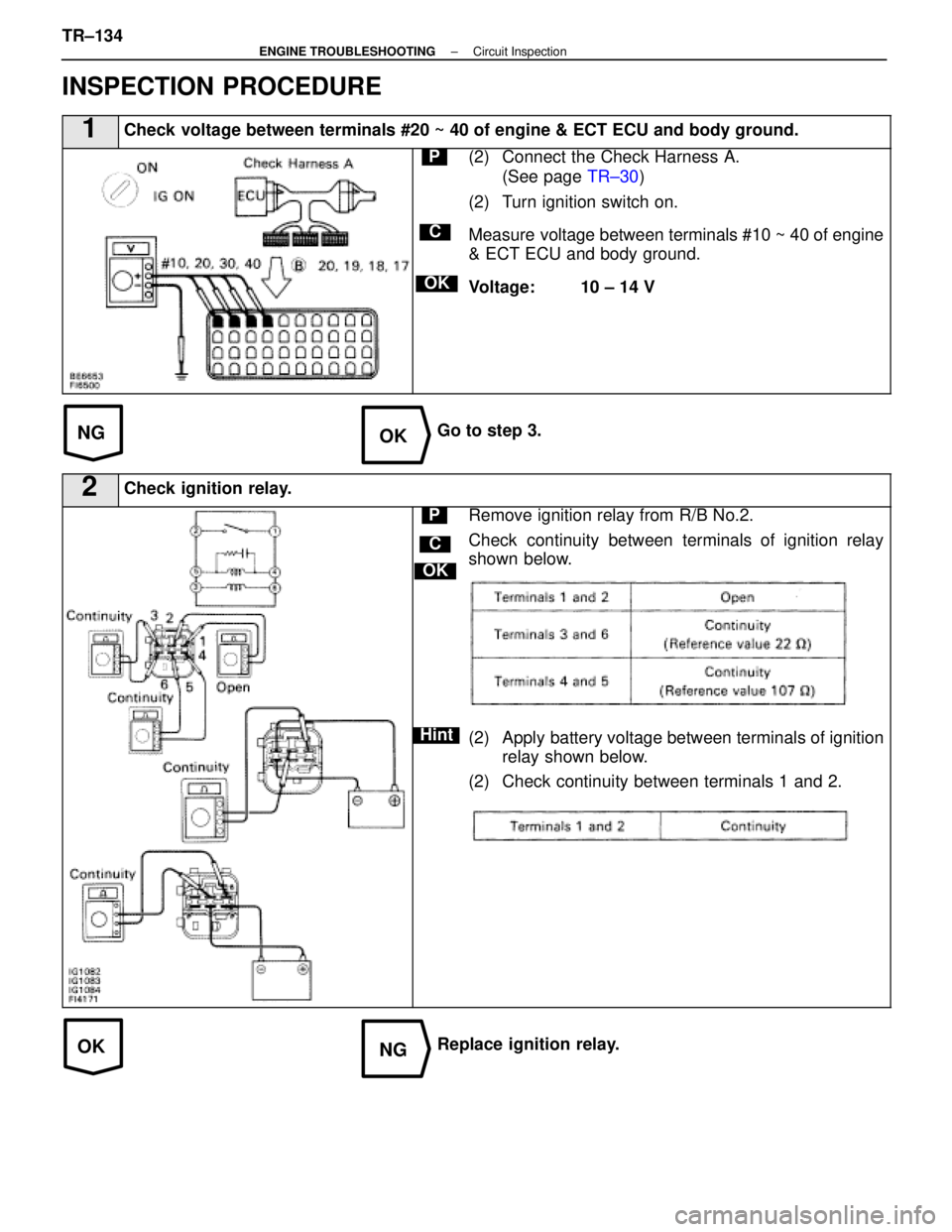 LEXUS SC400 1991 Service Repair Manual
NGOK
OKNG
INSPECTION PROCEDURE
1Check voltage between terminals #20 ~ 40 of engine & ECT ECU and body ground.\
C
OK
P(2) Connect the Check Harness A.(See page TR±30)
(2) Turn ignition switch on.
M LEXUS SC400 1991 Service Repair Manual
NGOK
OKNG
INSPECTION PROCEDURE
1Check voltage between terminals #20 ~ 40 of engine & ECT ECU and body ground.\
C
OK
P(2) Connect the Check Harness A.(See page TR±30)
(2) Turn ignition switch on.
M