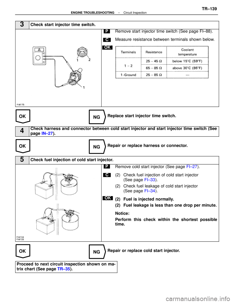 LEXUS SC400 1991 Service Repair Manual
OKNG
OKNG
OKNG
3Check start injector time switch.
C
OK
PRemove start injector time switch (See page FI±88).
Measure resistance between terminals shown below.
Replace start injector time switch.
4Che LEXUS SC400 1991 Service Repair Manual
OKNG
OKNG
OKNG
3Check start injector time switch.
C
OK
PRemove start injector time switch (See page FI±88).
Measure resistance between terminals shown below.
Replace start injector time switch.
4Che