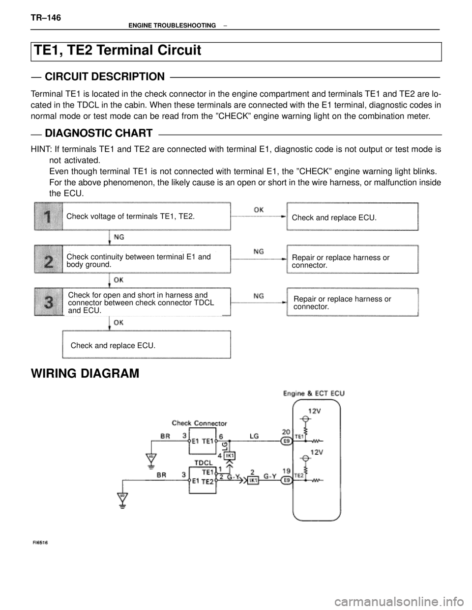 LEXUS SC400 1991 Service Repair Manual
TE1, TE2 Terminal Circuit
CIRCUIT DESCRIPTION
Terminal TE1 is located in the check connector in the engine compartment and terminals T\
E1 and TE2 are lo-
cated in the TDCL in the cabin. When these t LEXUS SC400 1991 Service Repair Manual
TE1, TE2 Terminal Circuit
CIRCUIT DESCRIPTION
Terminal TE1 is located in the check connector in the engine compartment and terminals T\
E1 and TE2 are lo-
cated in the TDCL in the cabin. When these t