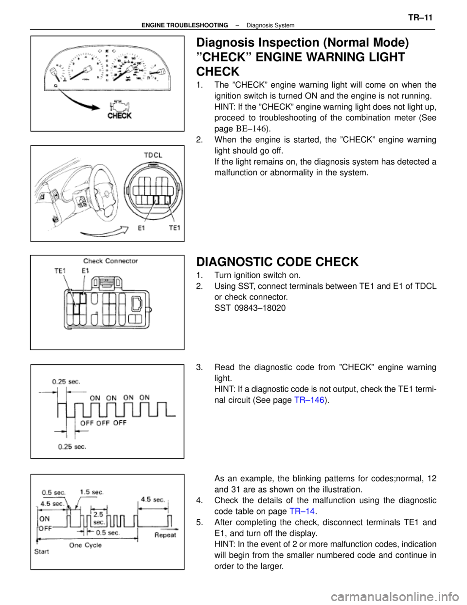 LEXUS SC400 1991 Service Repair Manual
Diagnosis Inspection (Normal Mode)
ºCHECKº ENGINE WARNING LIGHT
CHECK
1. The ºCHECKº engine warning light will come on when theignition switch is turned ON and the engine is not running.
HINT: I LEXUS SC400 1991 Service Repair Manual
Diagnosis Inspection (Normal Mode)
ºCHECKº ENGINE WARNING LIGHT
CHECK
1. The ºCHECKº engine warning light will come on when theignition switch is turned ON and the engine is not running.
HINT: I