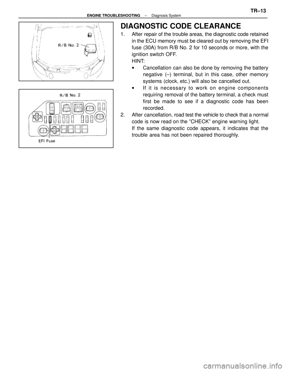 LEXUS SC400 1991 Service Repair Manual
DIAGNOSTIC CODE CLEARANCE
1. After repair of the trouble areas, the diagnostic code retainedin the ECU memory must be cleared out by removing the EFI
fuse (30A) from R/B No. 2 for 10 seconds or more LEXUS SC400 1991 Service Repair Manual
DIAGNOSTIC CODE CLEARANCE
1. After repair of the trouble areas, the diagnostic code retainedin the ECU memory must be cleared out by removing the EFI
fuse (30A) from R/B No. 2 for 10 seconds or more