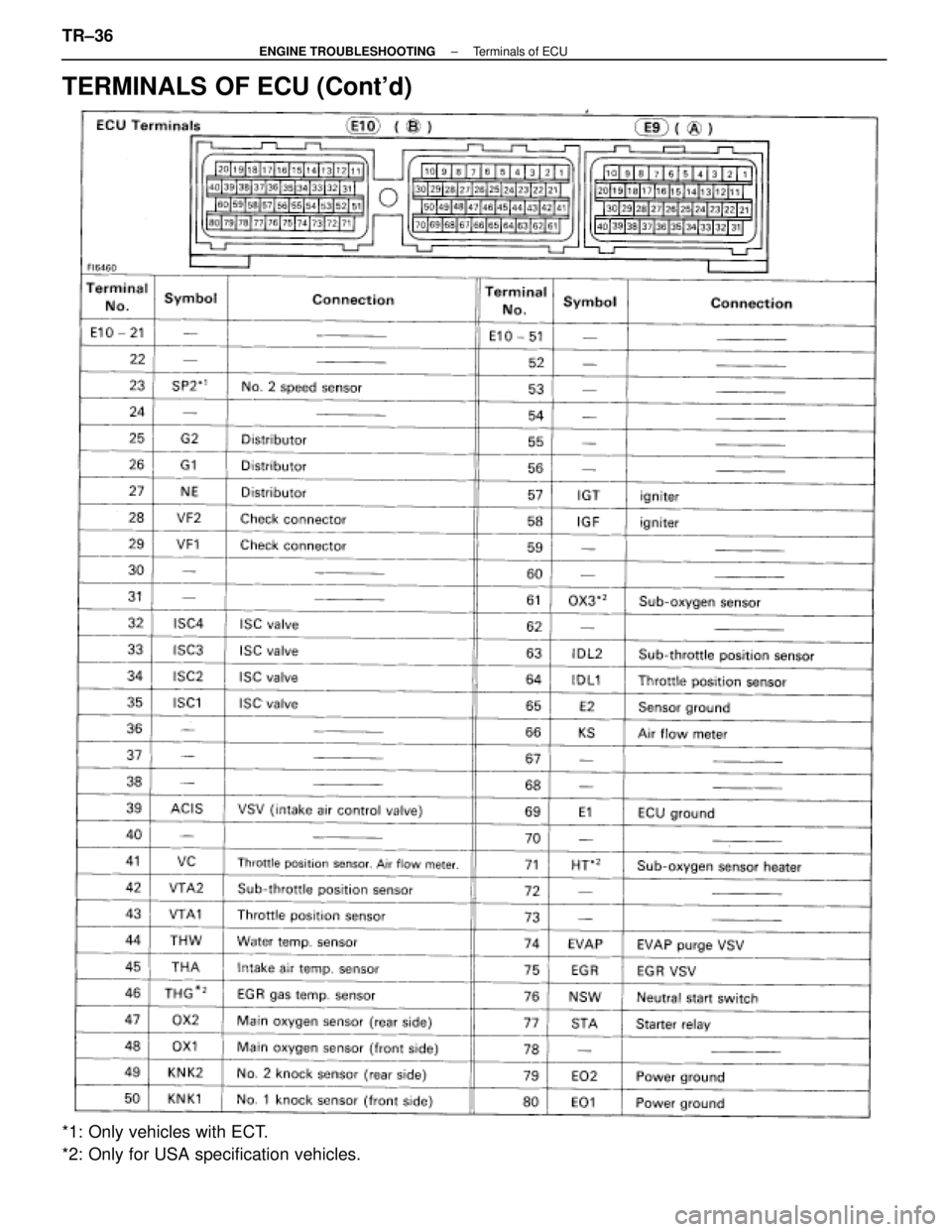 LEXUS SC400 1991  Service Repair Manual 
TERMINALS OF ECU (Contd)
*1: Only vehicles with ECT.
*2: Only for USA specification vehicles. TR±36
±
ENGINE TROUBLESHOOTING Terminals of ECU 
WhereEverybodyKnowsYourName  