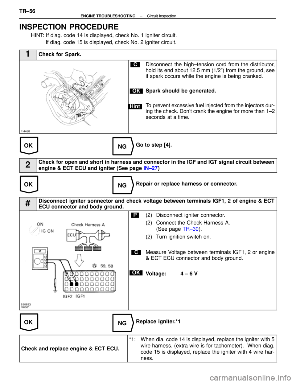 LEXUS SC400 1991 Service Repair Manual
OKNG
OKNG
OKNG
INSPECTION PROCEDURE
HINT: If diag. code 14 is displayed, check No. 1 igniter circuit. If diag. code 15 is displayed, check No. 2 igniter circuit.
1Check for Spark.
C
OK
Hint
Disconne LEXUS SC400 1991 Service Repair Manual
OKNG
OKNG
OKNG
INSPECTION PROCEDURE
HINT: If diag. code 14 is displayed, check No. 1 igniter circuit. If diag. code 15 is displayed, check No. 2 igniter circuit.
1Check for Spark.
C
OK
Hint
Disconne