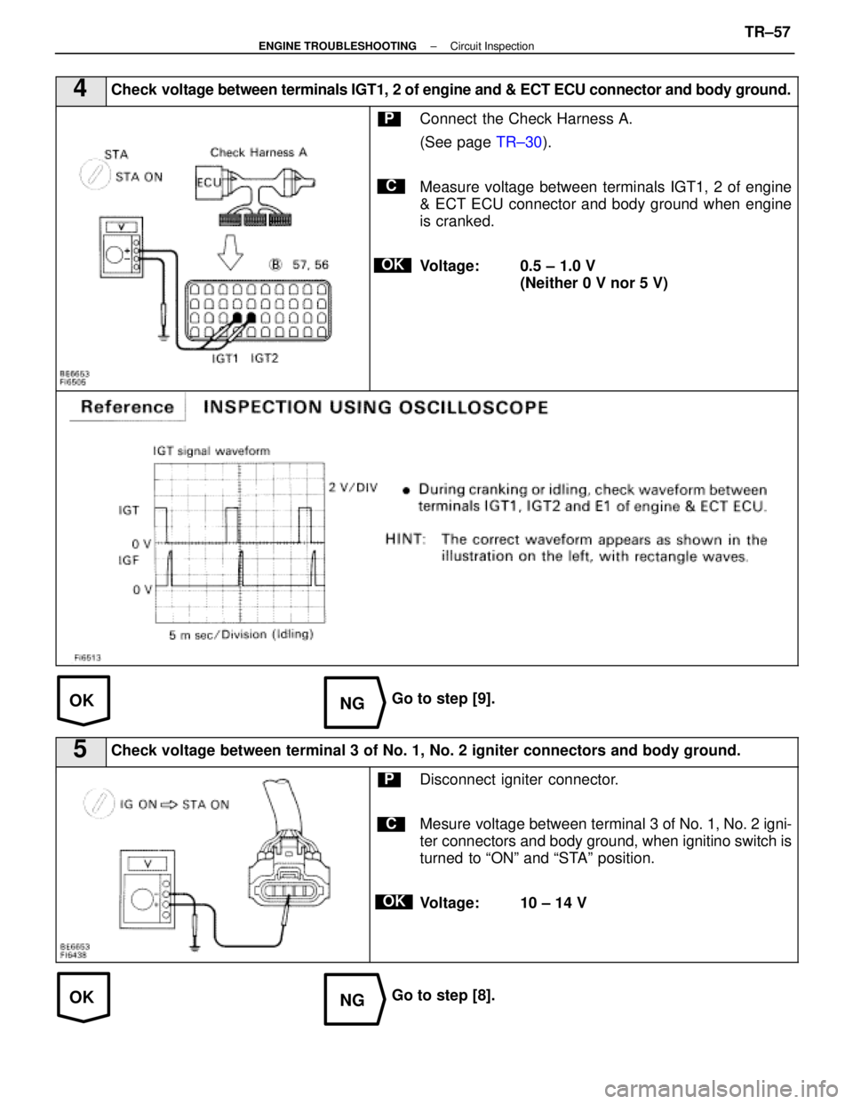 LEXUS SC400 1991 Service Repair Manual
OKNG
OKNG
4Check voltage between terminals IGT1, 2 of engine and & ECT ECU connector and body ground.
C
OK
PConnect the Check Harness A.
(See page TR±30).
Measure voltage between terminals IGT1, 2 LEXUS SC400 1991 Service Repair Manual
OKNG
OKNG
4Check voltage between terminals IGT1, 2 of engine and & ECT ECU connector and body ground.
C
OK
PConnect the Check Harness A.
(See page TR±30).
Measure voltage between terminals IGT1, 2