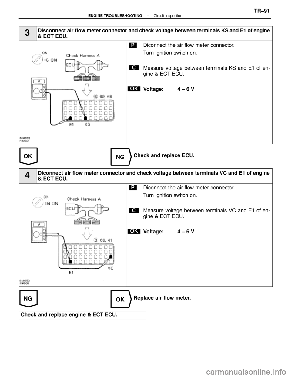 LEXUS SC400 1991 Service Repair Manual
OKNG
NGOK
3Disconnect air flow meter connector and check voltage between terminals \
KS and E1 of engine
& ECT ECU.
C
OK
PDiconnect the air flow meter connector.
Turn ignition switch on.
Measure volt LEXUS SC400 1991 Service Repair Manual
OKNG
NGOK
3Disconnect air flow meter connector and check voltage between terminals \
KS and E1 of engine
& ECT ECU.
C
OK
PDiconnect the air flow meter connector.
Turn ignition switch on.
Measure volt
