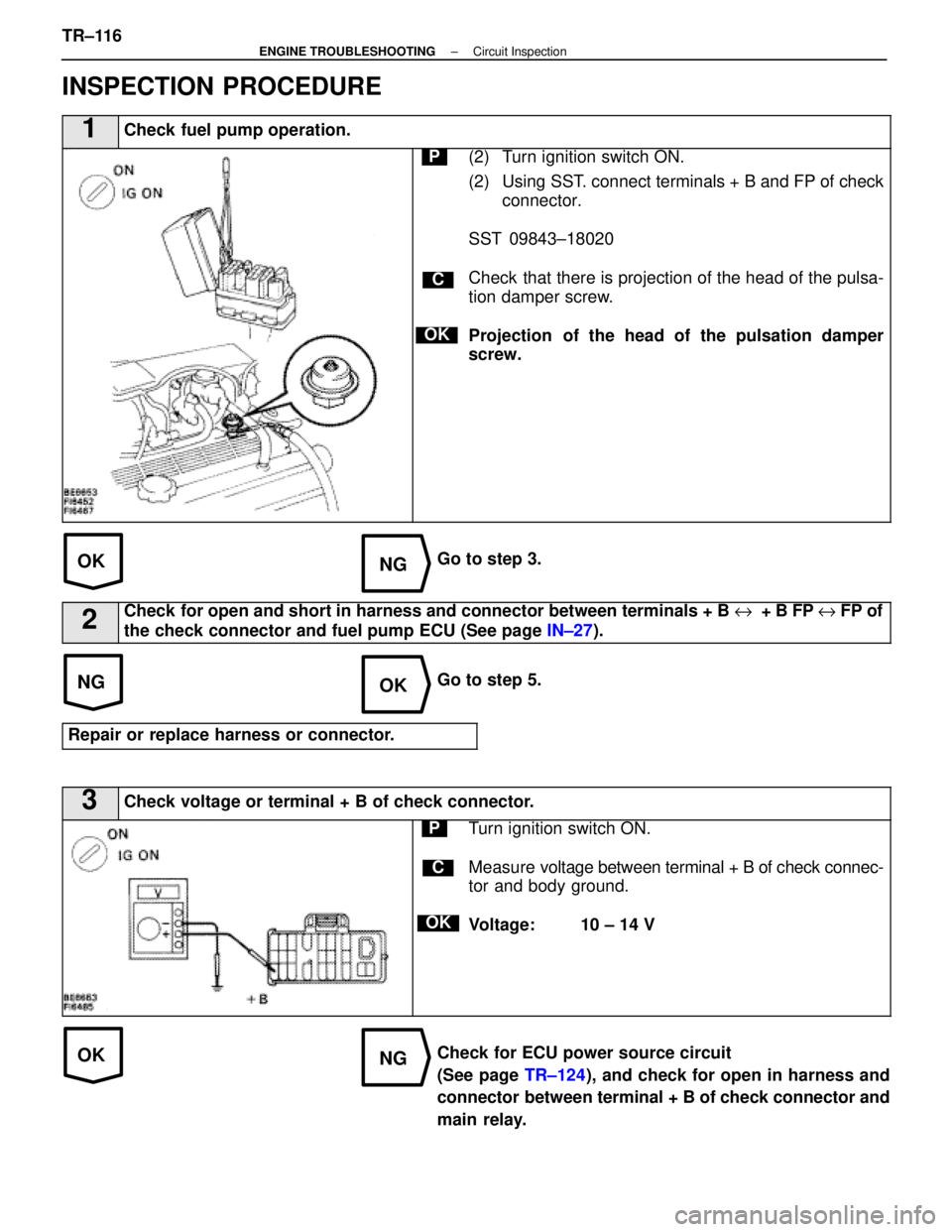 LEXUS SC400 1991 Service Repair Manual
OKNG
NGOK
OKNG
INSPECTION PROCEDURE
1Check fuel pump operation.
C
OK
P(2) Turn ignition switch ON.
(2) Using SST. connect terminals + B and FP of checkconnector.
SST 09843±18020
Check that there is LEXUS SC400 1991 Service Repair Manual
OKNG
NGOK
OKNG
INSPECTION PROCEDURE
1Check fuel pump operation.
C
OK
P(2) Turn ignition switch ON.
(2) Using SST. connect terminals + B and FP of checkconnector.
SST 09843±18020
Check that there is